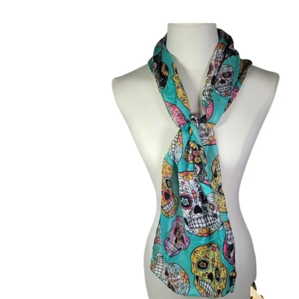 Sugar Skull Scarf Teal Multi Colored Day of the Dead Lightweight Fashion Wrap